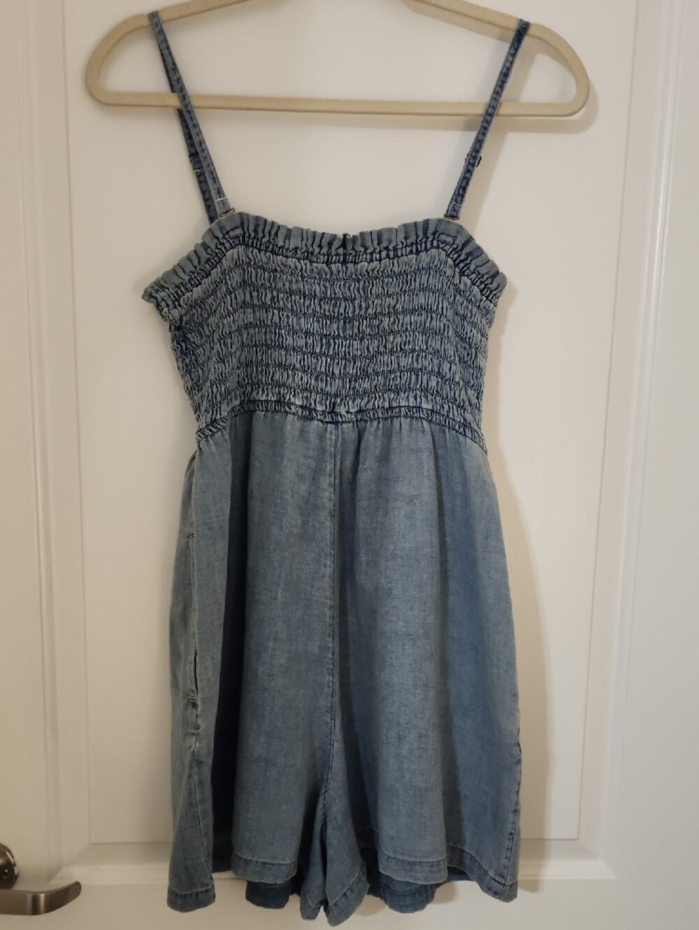 Pilcro Light Blue Smocked Denim Shorts Romper - Picture 3 of 3